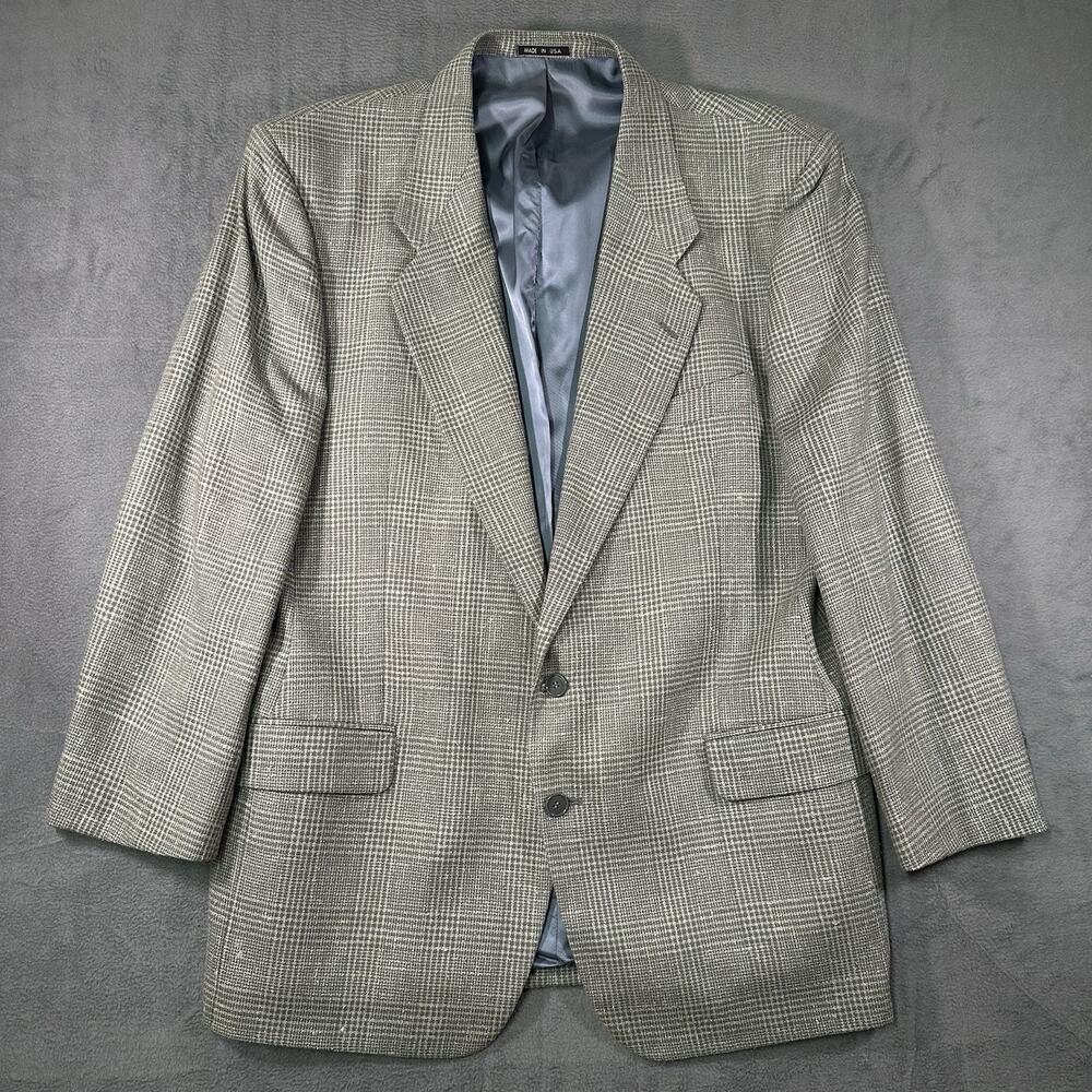 Profilo Blazer Gray Plaid Men’s 44R Wool Silk Sport Coat USA Vintage
